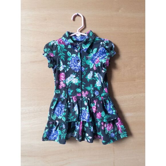 Guess Other - GUESS Girls Floral Button Down Ruffle Dress Black Blue Pink Roses Party Dress 3T